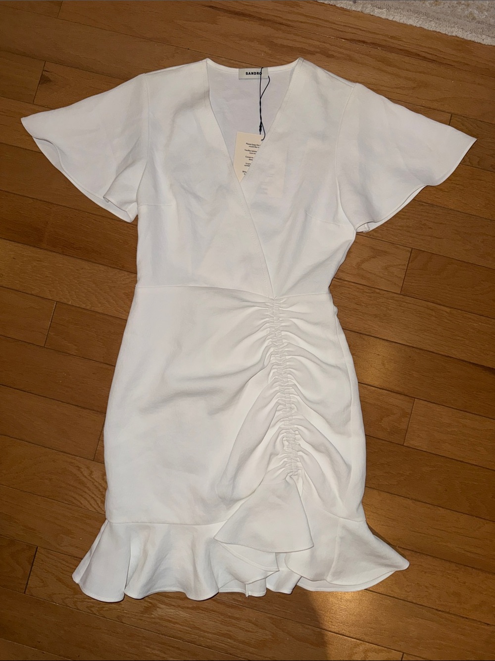Sandro White Ruched Wrap-Effect Mini Dress